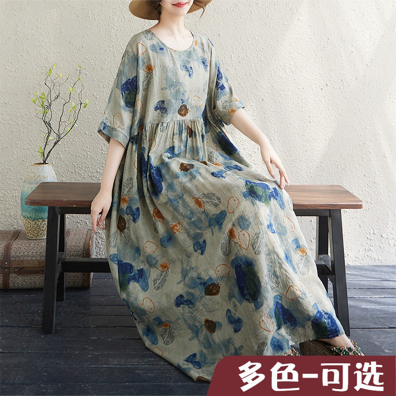 夏薄棉麻花胖mm圆领短袖度假风宽松简约波西米亚大摆裙女加肥加大