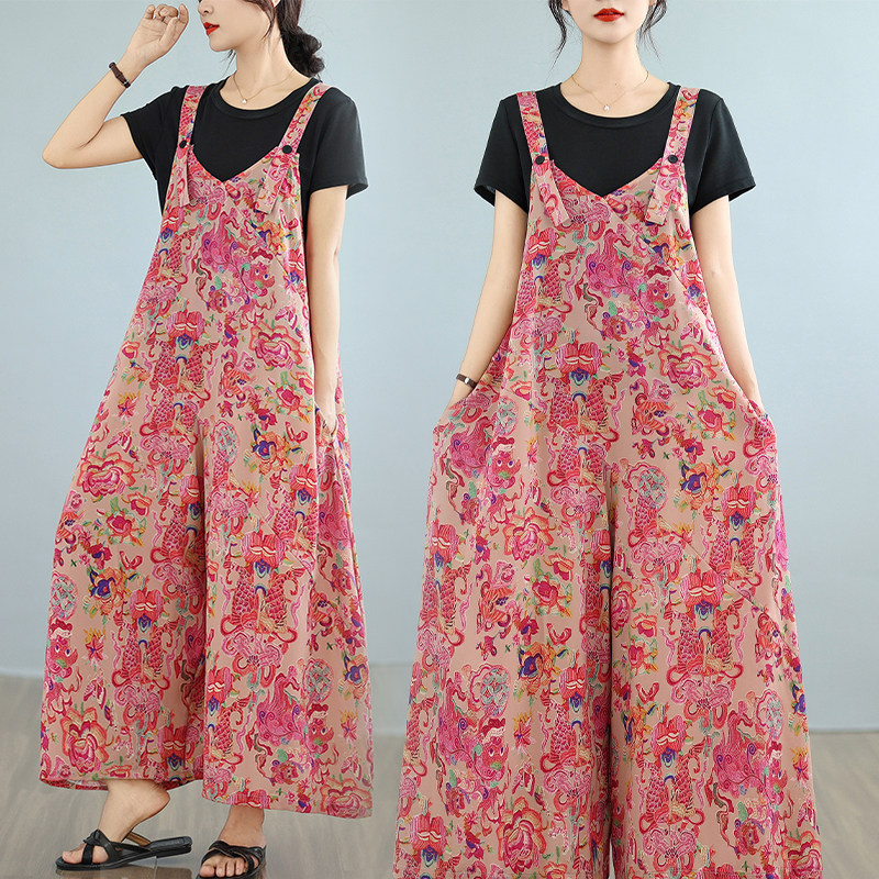 凉爽垂感宽松休闲V领背带裤女小个子复古显瘦气质宽松阔腿连体裤