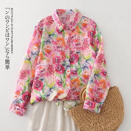 新款韩范复古玫瑰印花纯棉短袖衬衫女长袖宽松大版休闲衬衣开衫