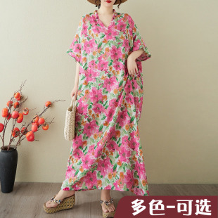 粉花色度假风旅游V领复古长裙遮肉棉麻连衣裙子加肥加大胖mm过膝