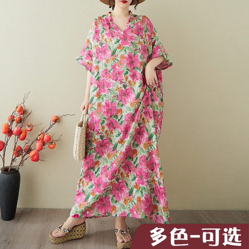 粉花色度假风旅游V领复古长裙遮肉棉麻连衣裙子加肥加大胖mm过膝
