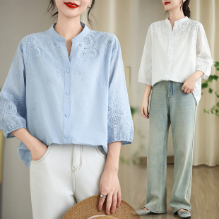 全棉衬衫女七分袖折扣年新款春夏小衫妈妈今年流行的漂亮气质上衣