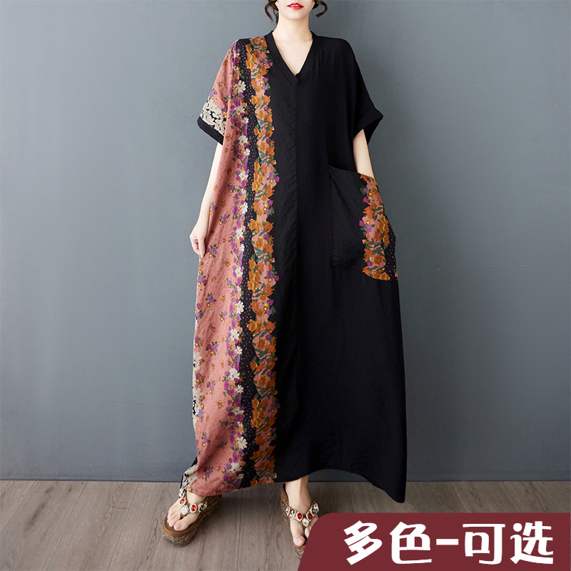 夏季新款胖m遮肚显瘦V领短袖撞色拼接花位不固定长款连衣裙长裙