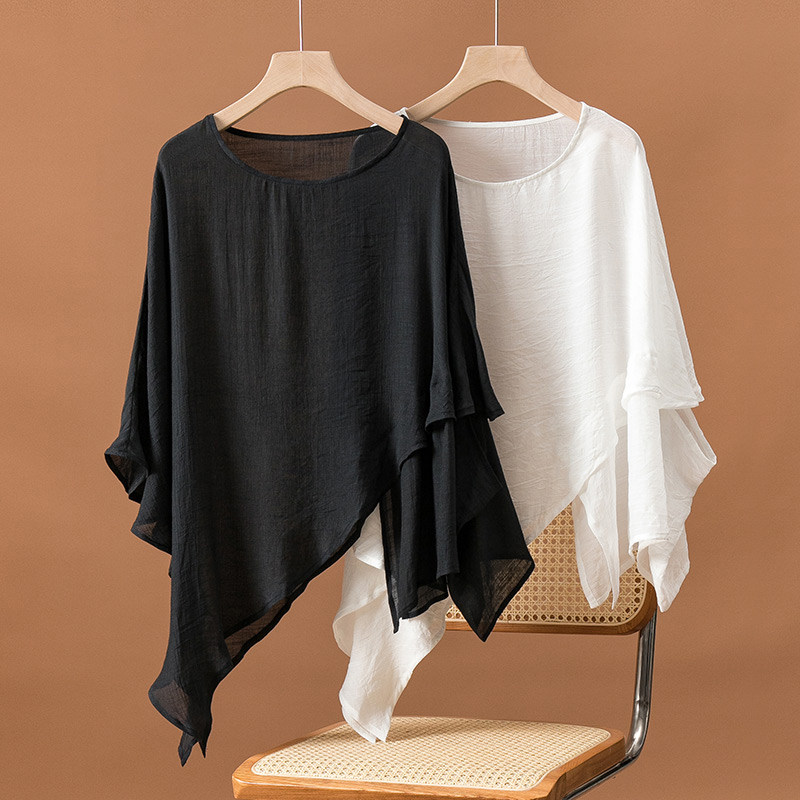 防晒罩衫女短款上衣宽松休闲大码胖MM夏季薄款外套套头丝麻空调衫