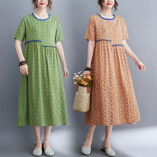 棉麻印花短袖 微胖 遮肚子显瘦中长款 新款 连衣裙女夏季 薄宽松大码