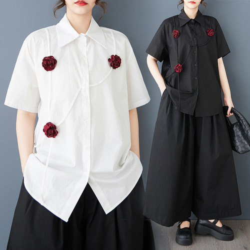 春夏新款宽松大码拼接休闲简约通勤甜美短袖衬衫衬衣开衫短款净色