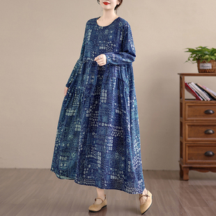 外贸圆领复古文艺印花连衣裙女春秋长袖亚麻棉长款大摆宽松花边裙