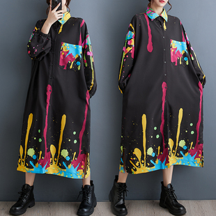 折扣秋韩版新款宽松大码洋气印花中长款文艺复古连衣裙胖mm