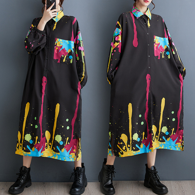 折扣秋韩版新款宽松大码洋气印花中长款文艺复古连衣裙胖mm