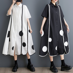 折扣春韩版新款宽松大码花边印花中长款文艺复古连衣裙翻领长裙子