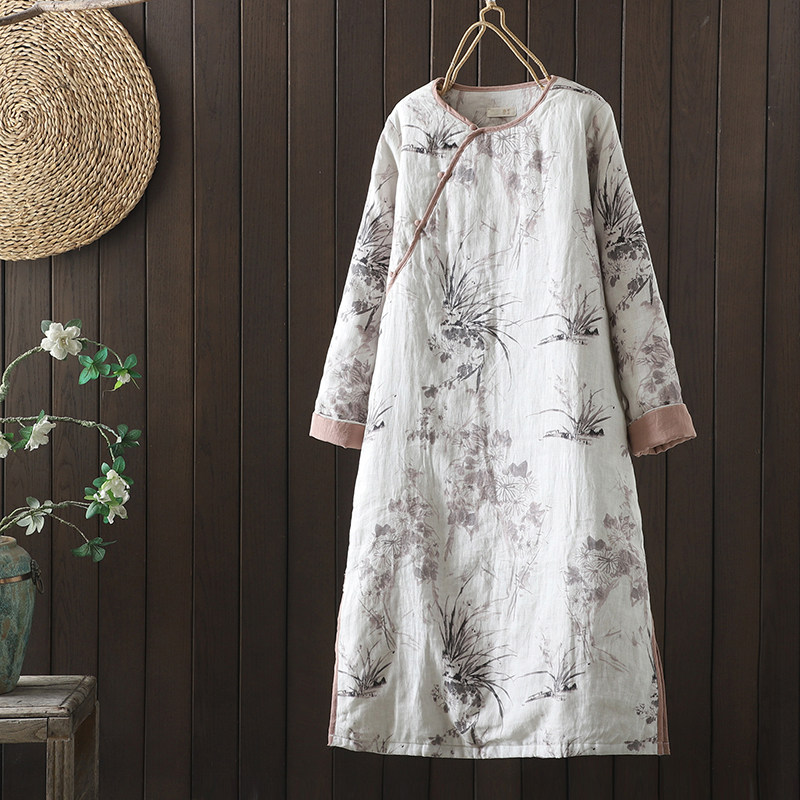 冬季中式国风古风水墨印花亚麻印花斜襟夹棉长旗袍复古长裙子斜襟,女装/女士精品,连衣裙,淘宝优惠券,粉丝福利购,淘宝优惠卷