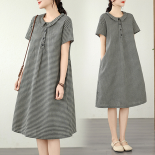 黑白格子棉麻连衣裙女2026夏新款宽松显瘦娃娃领减龄休闲衬衫裙子