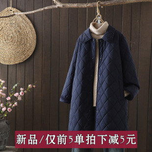 加厚棉服外套 方领拼接菱格中长款 气质韩版 文艺棉衣女2024秋冬新款