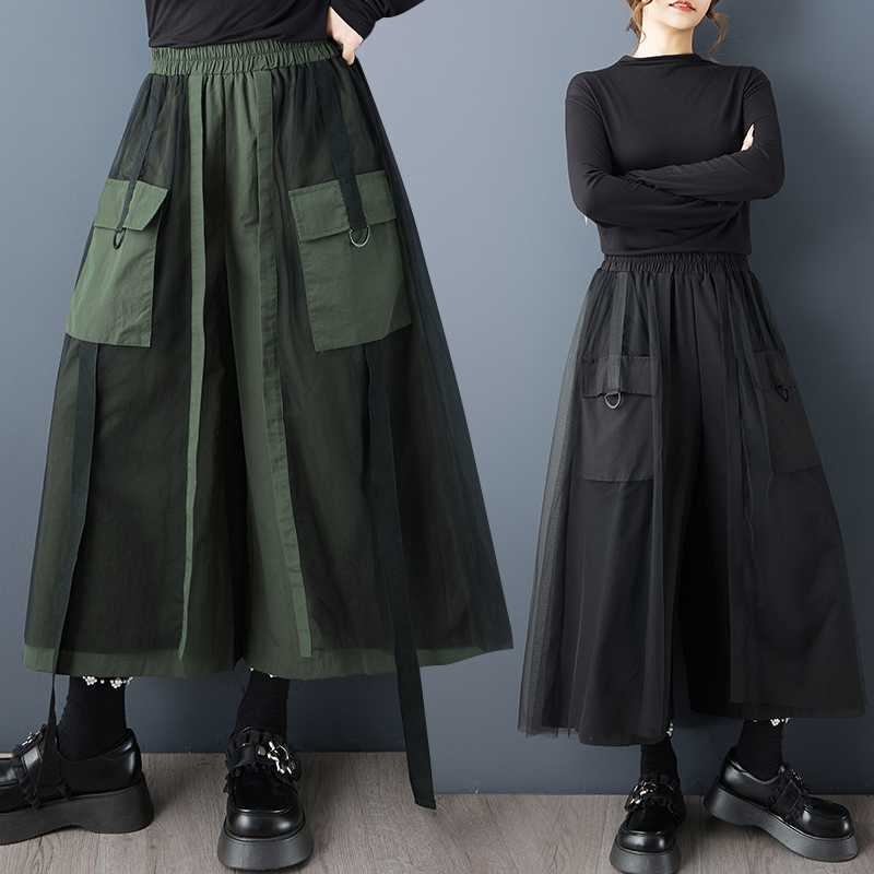 秋装新款暗黑风网纱拼接工装阔腿裤百搭显瘦松紧腰九分休闲裤子