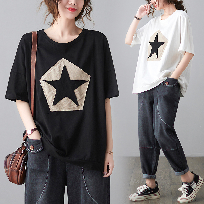 夏装捡漏新款女韩版宽松五角星印花简约百搭短袖T恤女上衣包邮女