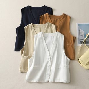 背心薄款 宽松显瘦v工装 新款 棉质外套领简约小众设计感女士春秋季
