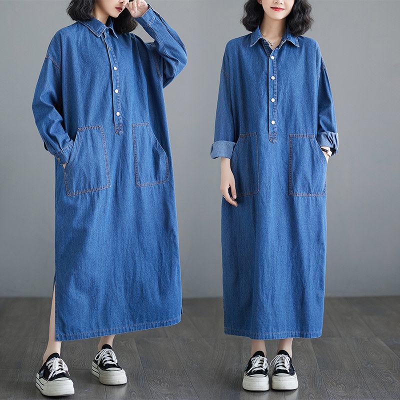 双口袋牛仔裙女韩国复古宽松大码慵懒洋气减龄翻领开叉工装连衣裙