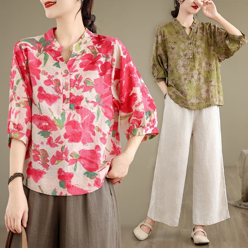 文艺范夏季新款衬衣气质棉麻印花宽松百搭显瘦洋气半开领上衣薄款