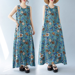 圆领印花连衣裙棉质薄款 加肥加大无袖 波西米亚长裙夏季 新款