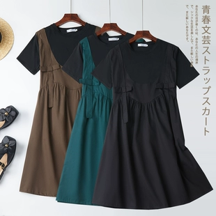 套头中长裙拼接宽松通勤女装 新款 假两件 2022夏季 连衣裙纯色短袖