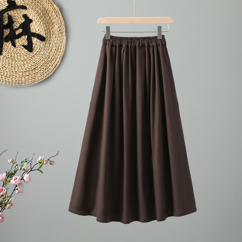春秋新款文艺复古纯色棉麻A字中长款百搭半身长裙子松紧腰薄款,女装/女士精品,半身裙,淘宝优惠券,粉丝福利购,淘宝优惠卷