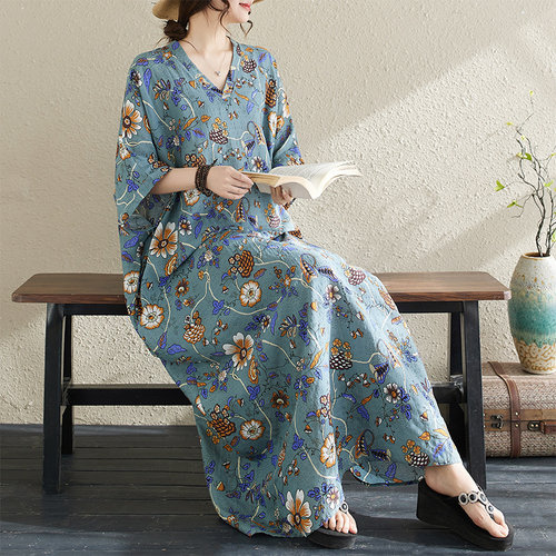 夏季花色度假风旅游V领复古长裙遮肉棉麻连衣裙子薄款过膝长裙子