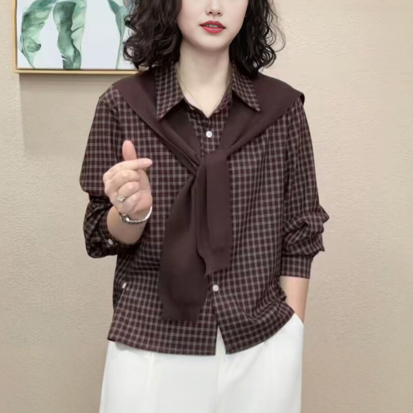 妈妈装秋长袖格子披肩两件套长袖衬衫中年女时尚减龄宽松衬衣开衫