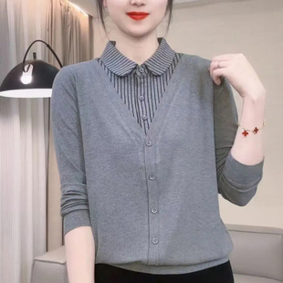 妈妈装条纹衬衫领假两件打底衫时尚女春季长袖T恤减龄百搭女上衣