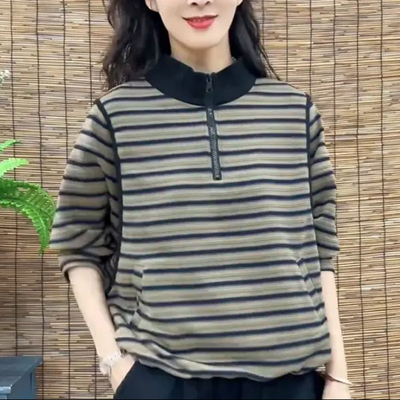 时尚女春条纹拉链立领宽松蝙蝠衫