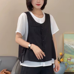 妈妈装圆领撞色假两件宽松短袖小衫时尚女夏季T恤减龄百搭女上衣