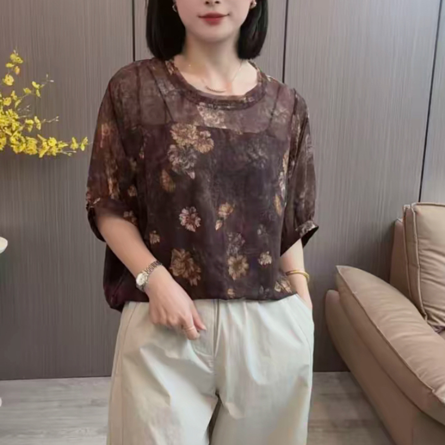 妈妈装夏季雪纺印花短袖女蝙蝠衫