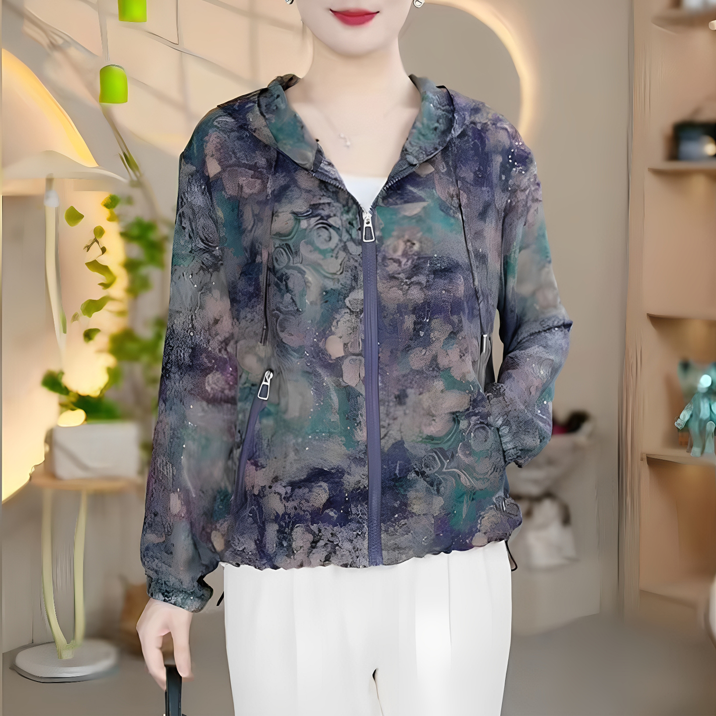 妈妈装夏季连帽薄款印花长袖拉链衫宽松防晒服时尚女减龄休闲外套