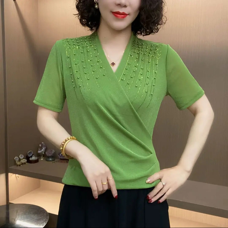 妈妈装交叉V领钉珠洋气网纱打底衫时尚女夏季短袖T恤减龄百搭上衣