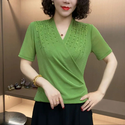 时尚女夏季V领网纱钉珠短袖小衫
