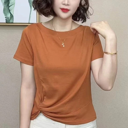 妈妈装纯色一字领前扭结短袖小衫时尚女夏季洋气T恤减龄百搭上衣