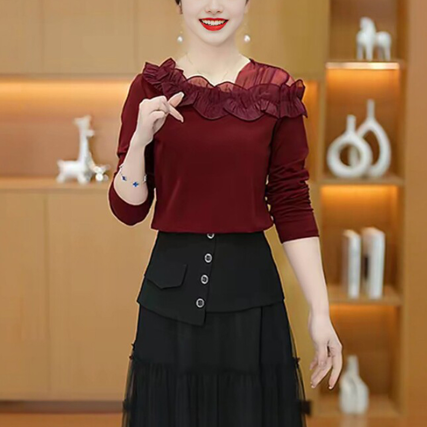 妈妈装春季法式网纱荷叶边拼接长袖T恤时尚女显瘦百搭气质女上衣 - 十字铺8出品