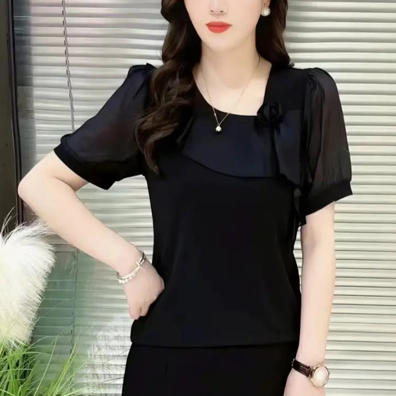 时尚女夏季不规则领拼接短袖小衫图片