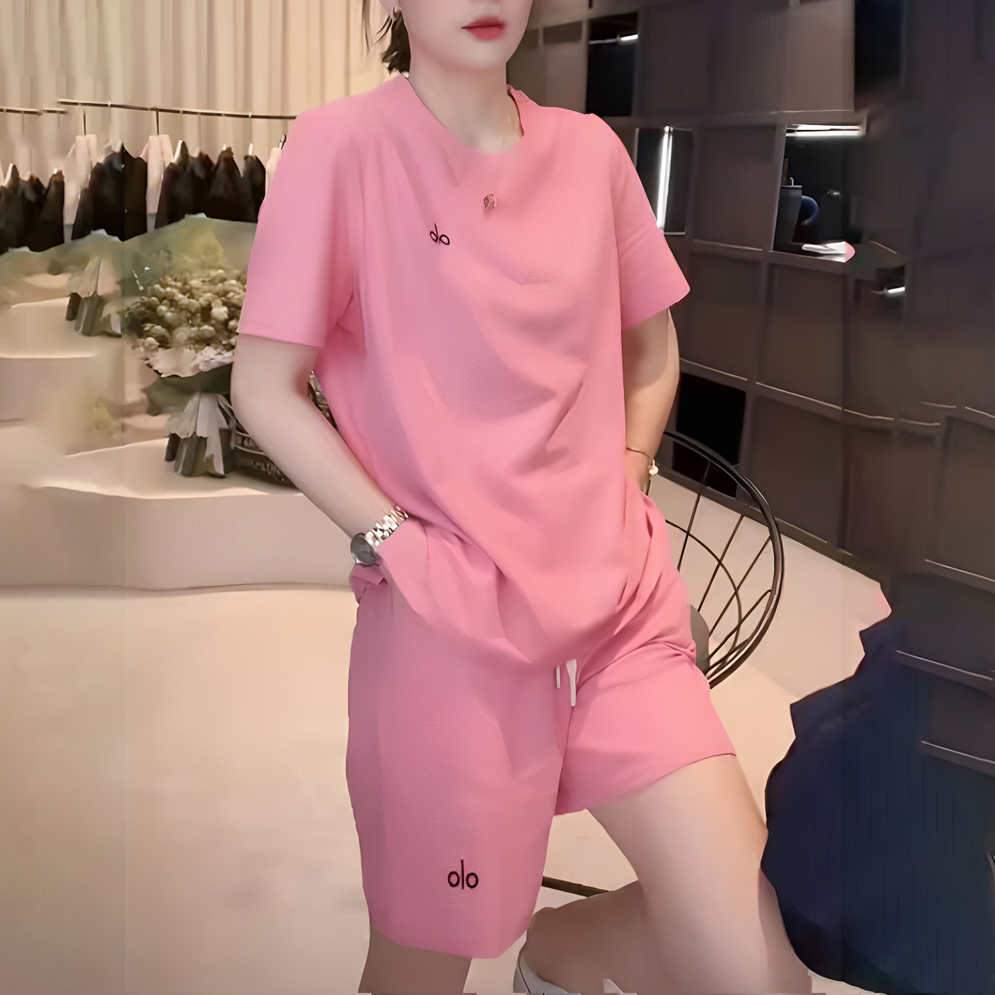 妈妈装夏季圆领短袖T恤短裤两件套中年女时尚休闲运动套装女上衣