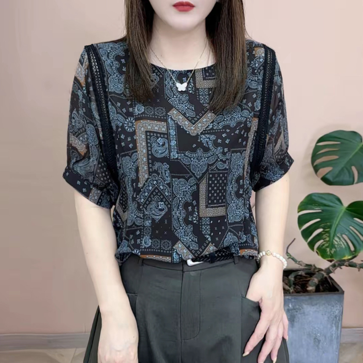 妈妈装夏雪纺拼接袖宽松短袖小衫