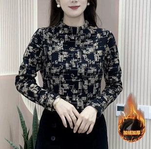 半高领网纱印花加绒打底衫 T恤减龄百搭女上衣 冬季 妈妈装 时尚 女装