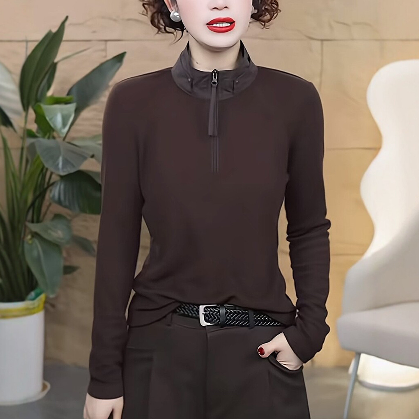 妈妈装秋季半拉链立领长袖打底衫