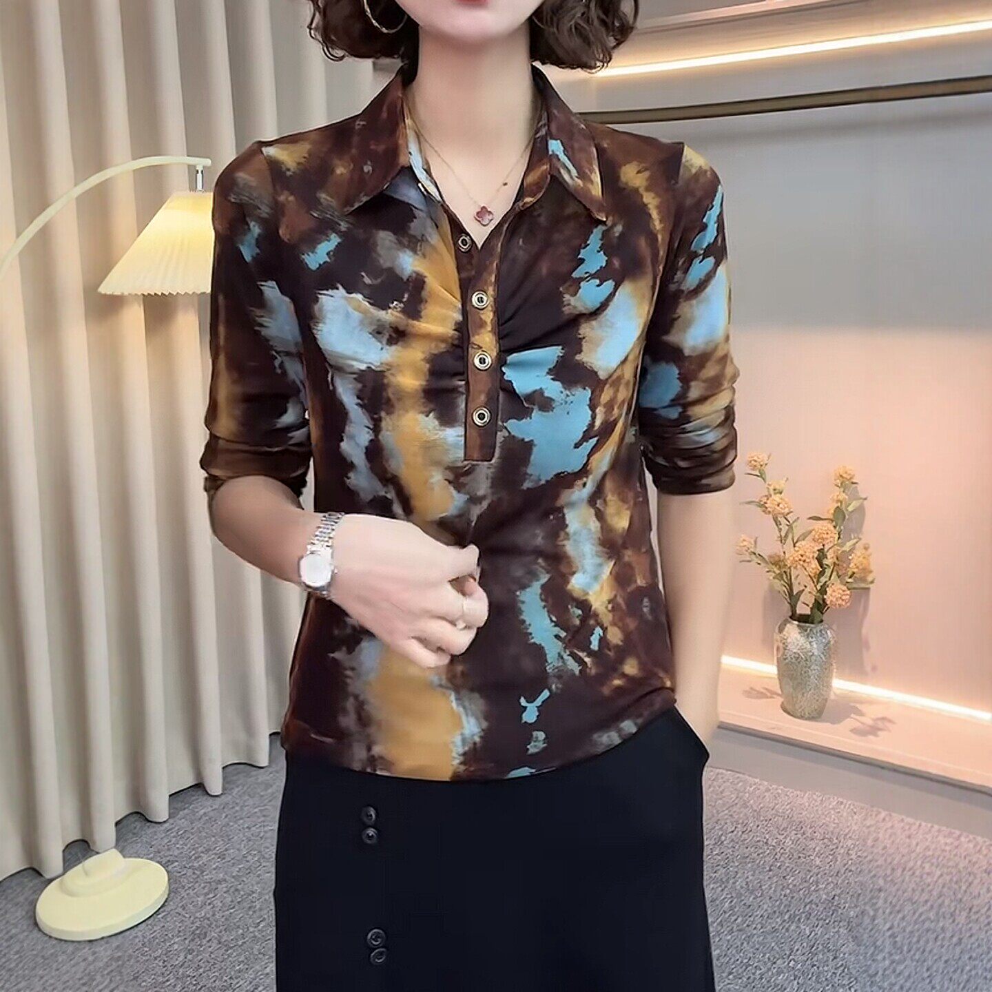 妈妈装Polo领网纱印花长袖打底衫