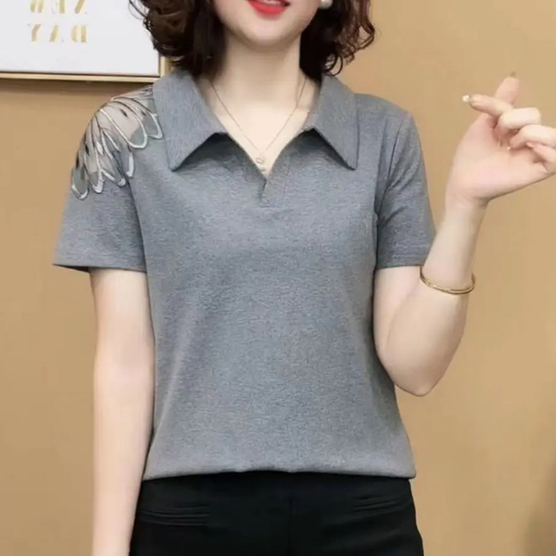 妈妈装夏短袖肩膀镂空POLO领小衫
