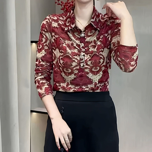 时尚 领洋气青花瓷网纱打底衫 女装 春季 T恤百搭衬衣 妈妈装 长袖 衬衫
