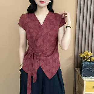 夏季 小衫 妈妈装 V领斜门襟系带印花短袖 洋气T恤百搭女上衣 时尚 女装