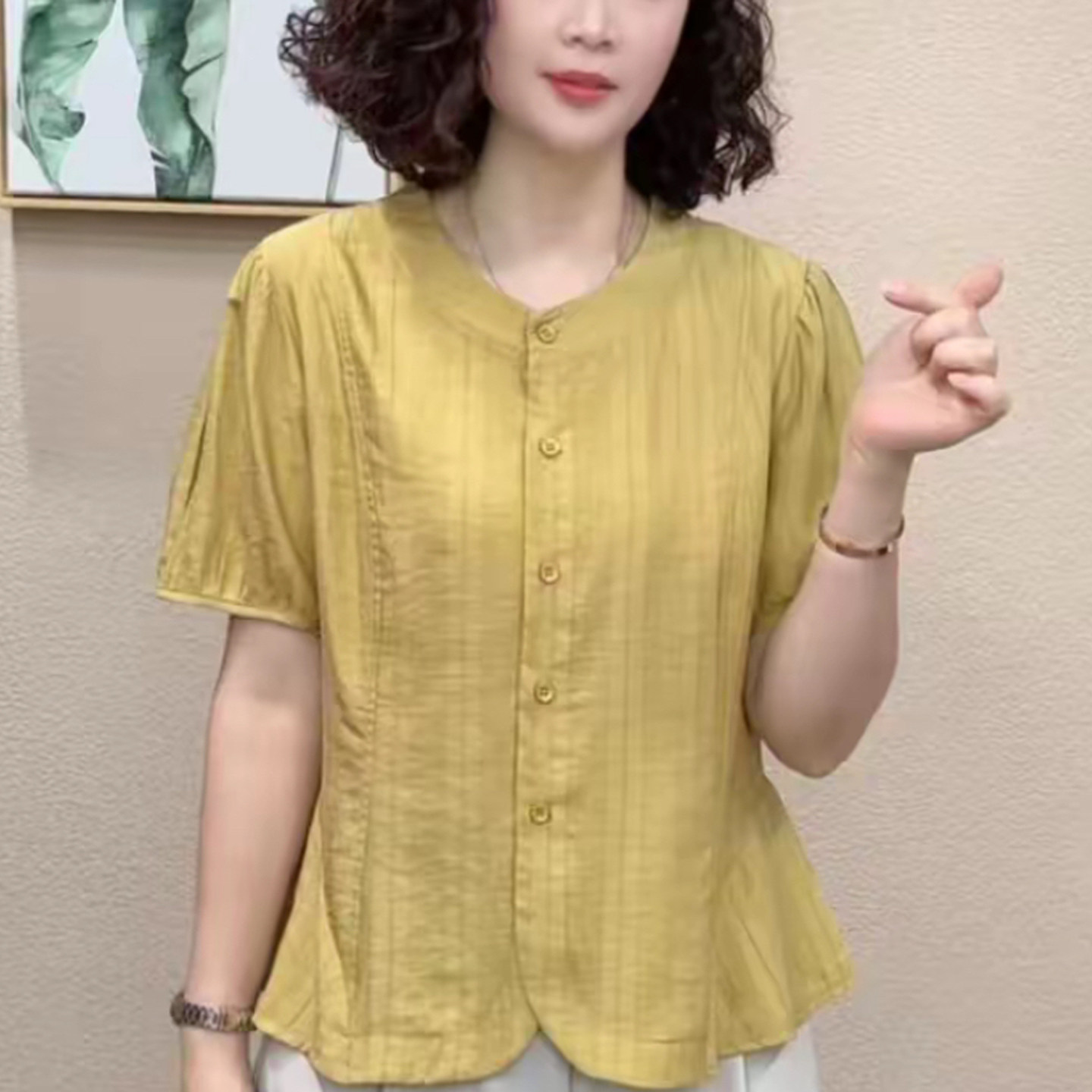 妈妈装夏圆领荷叶边短袖宽松小衫