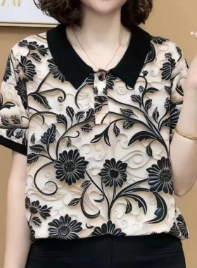 妈妈装夏短袖雪纺印花POLO领小衫