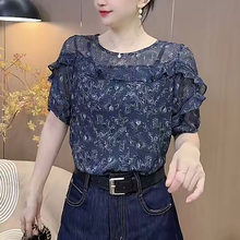 妈妈装圆领荷叶边雪纺印花短袖小衫时尚女夏季T恤减龄百搭女上衣