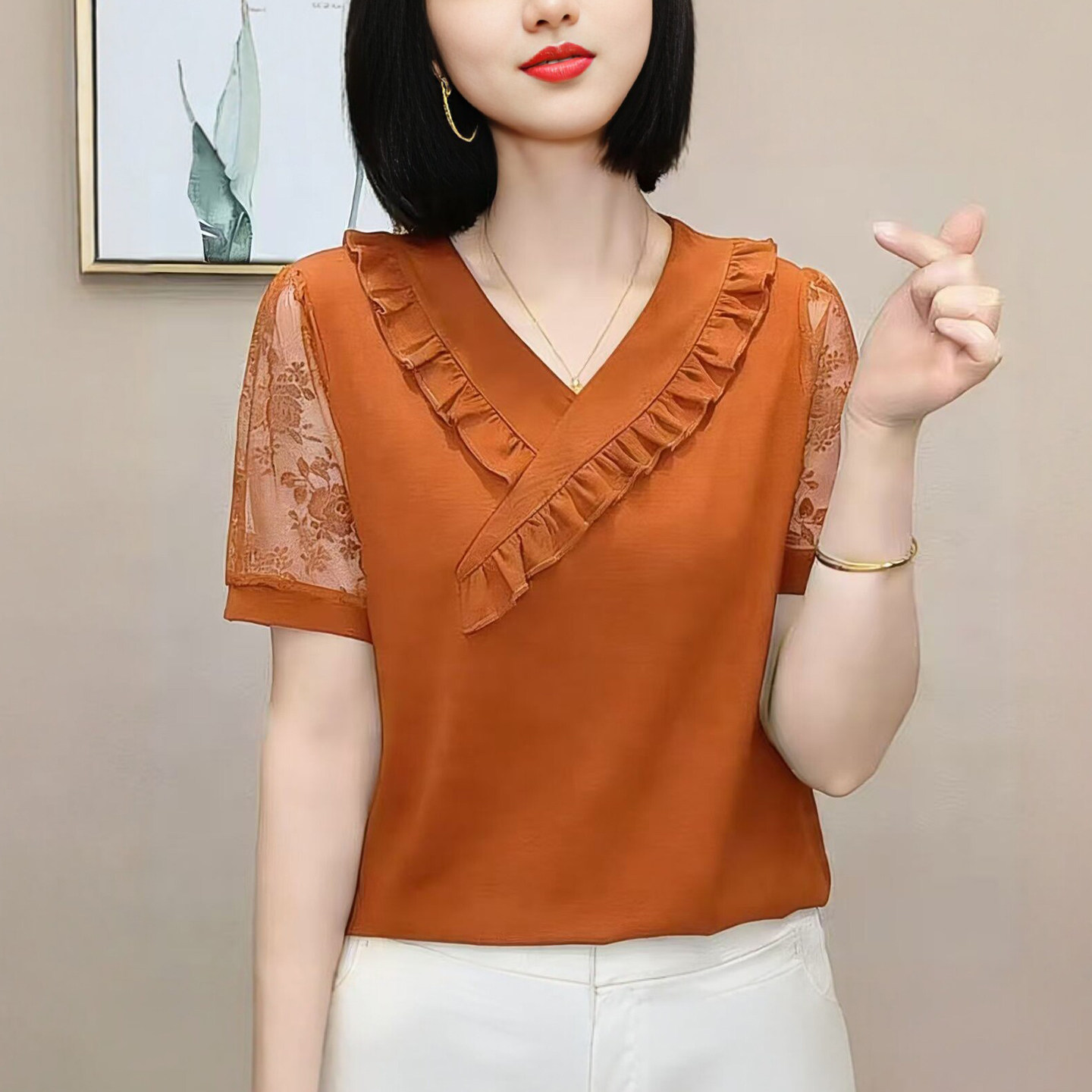 妈妈装夏季V领木耳边显瘦短袖T恤