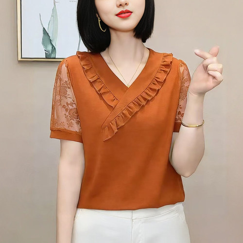 妈妈装夏季V领木耳边显瘦短袖T恤